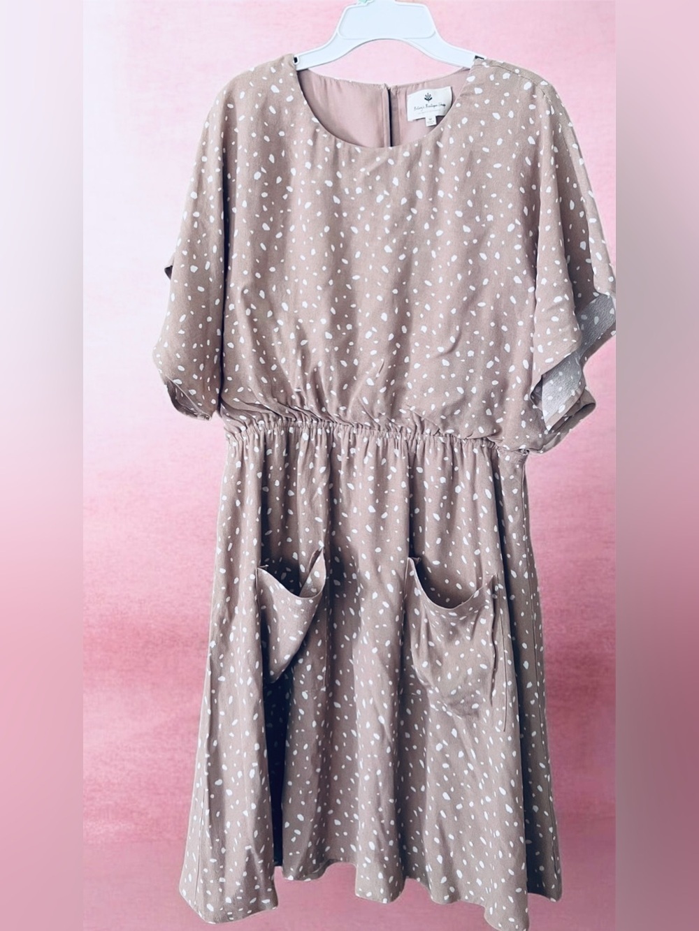 Women’s Taupe Polka Dot Knee Length Dress with Pockets